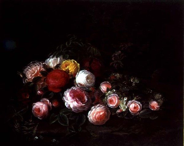 Roser i et landskap (olje på lerret) av Johan Laurents Jensen