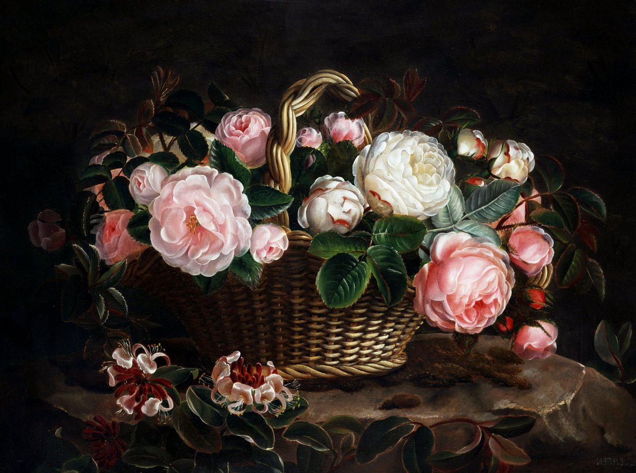 Stilleben av roser og kaprifol. Maleri av Johan Laurentz Jensen (1800-1856/dansk) Samling privat av Johan Laurents Jensen