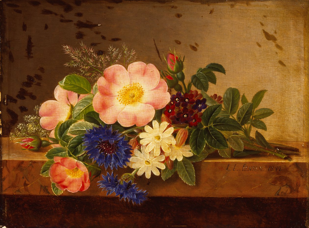 Ville blomster, kornblomster og andre blomster på en avsats (olje på lerret) av Johan Laurents Jensen