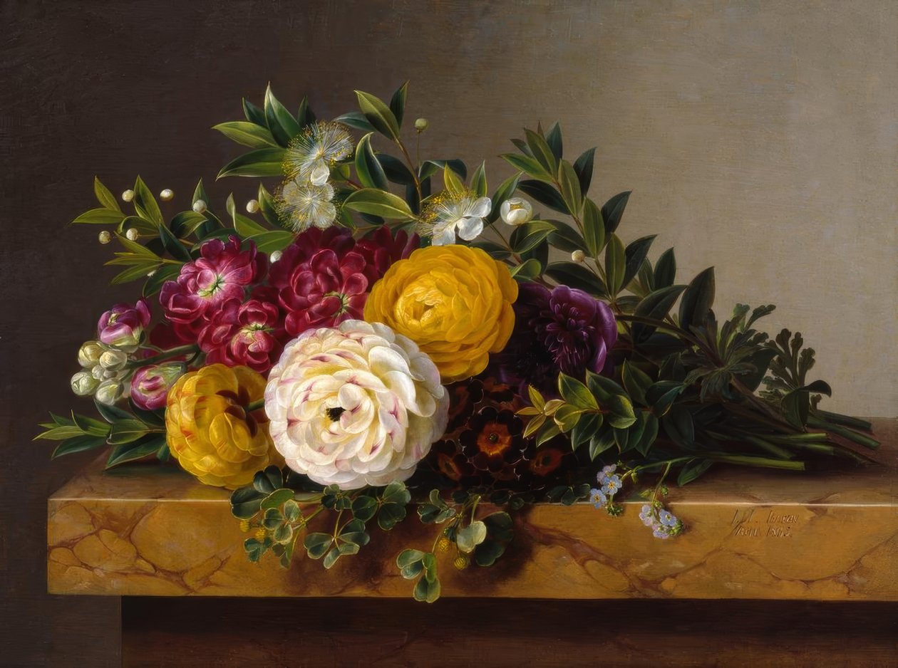 J.L.Jensen, blomsterbukett på marmorplate av Johan Laurentz Jensen