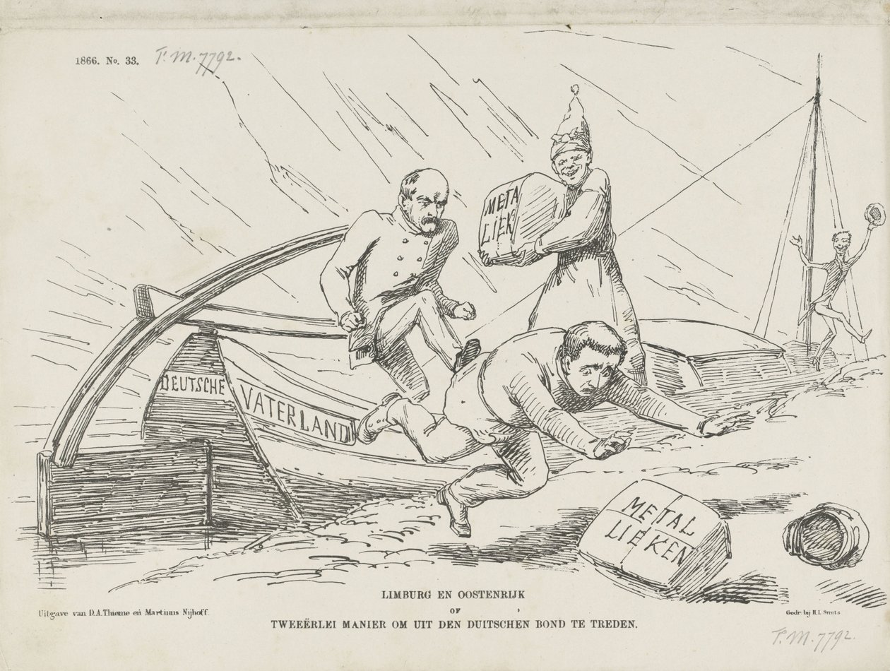 Spotprent over Bismarck en de Duitse Bond, 1866 Limburg en Oostenrijk of Tweeërlei manier om uit den Duitschen Bond te treden (title on object)   1358150   no       norwegian Successfully Translated  Original: Titelpagina voor De regten van den keizer Just av Johan Michaël Schmidt Crans