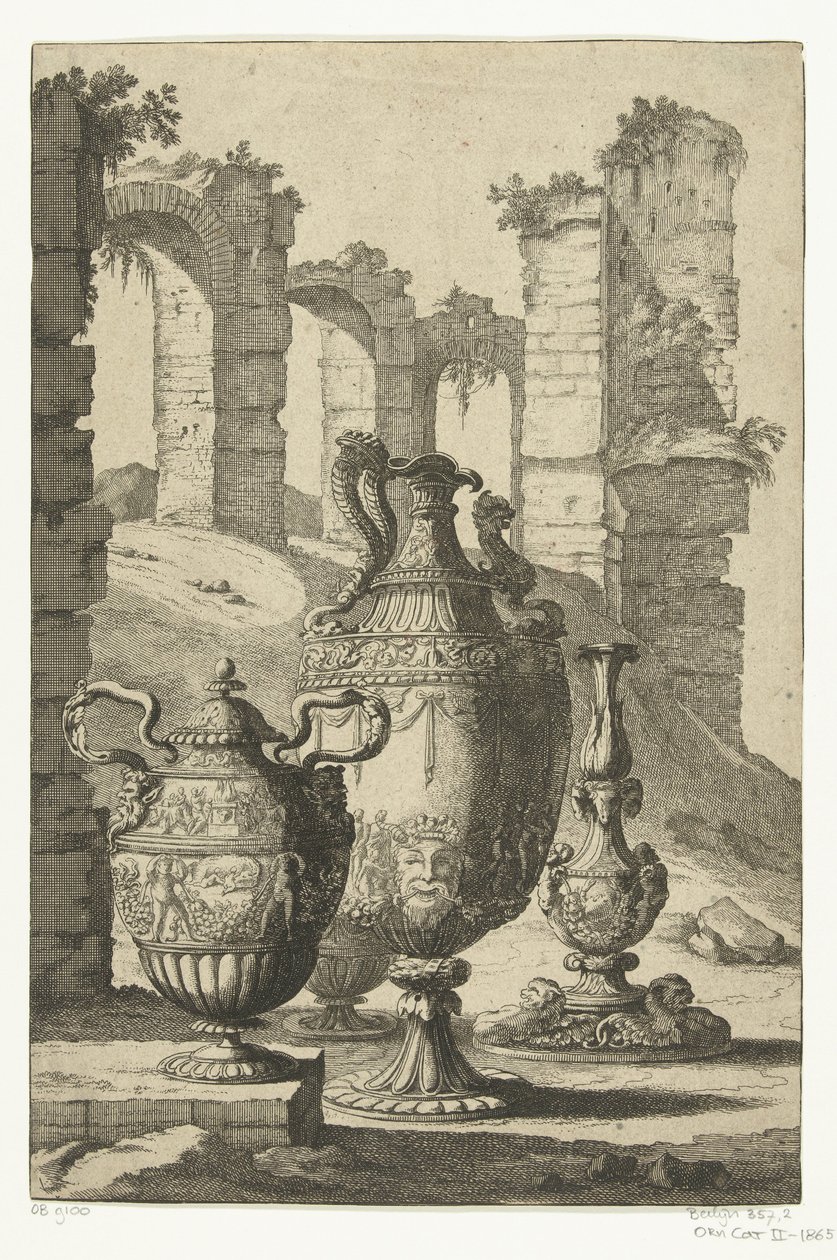Tre vaser og en lysestake Materiam superabat opus (tittel på objekt) Vaser og lysestaker (serietittel) av Johan Teyler (attributed to)