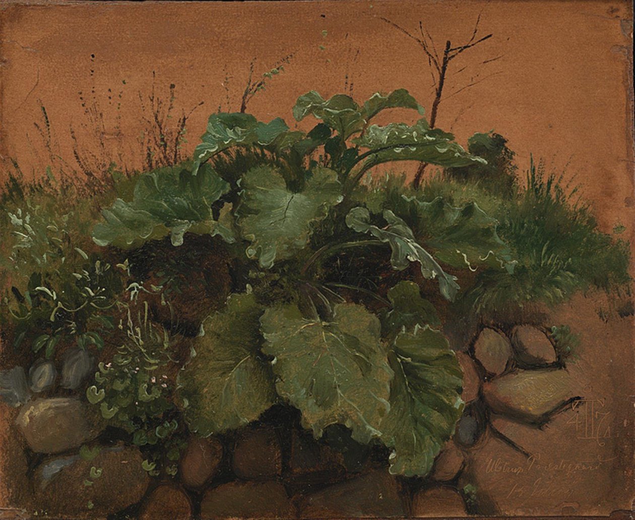 En burdock og andre planter på en steinmur av Johan Thomas Lundbye