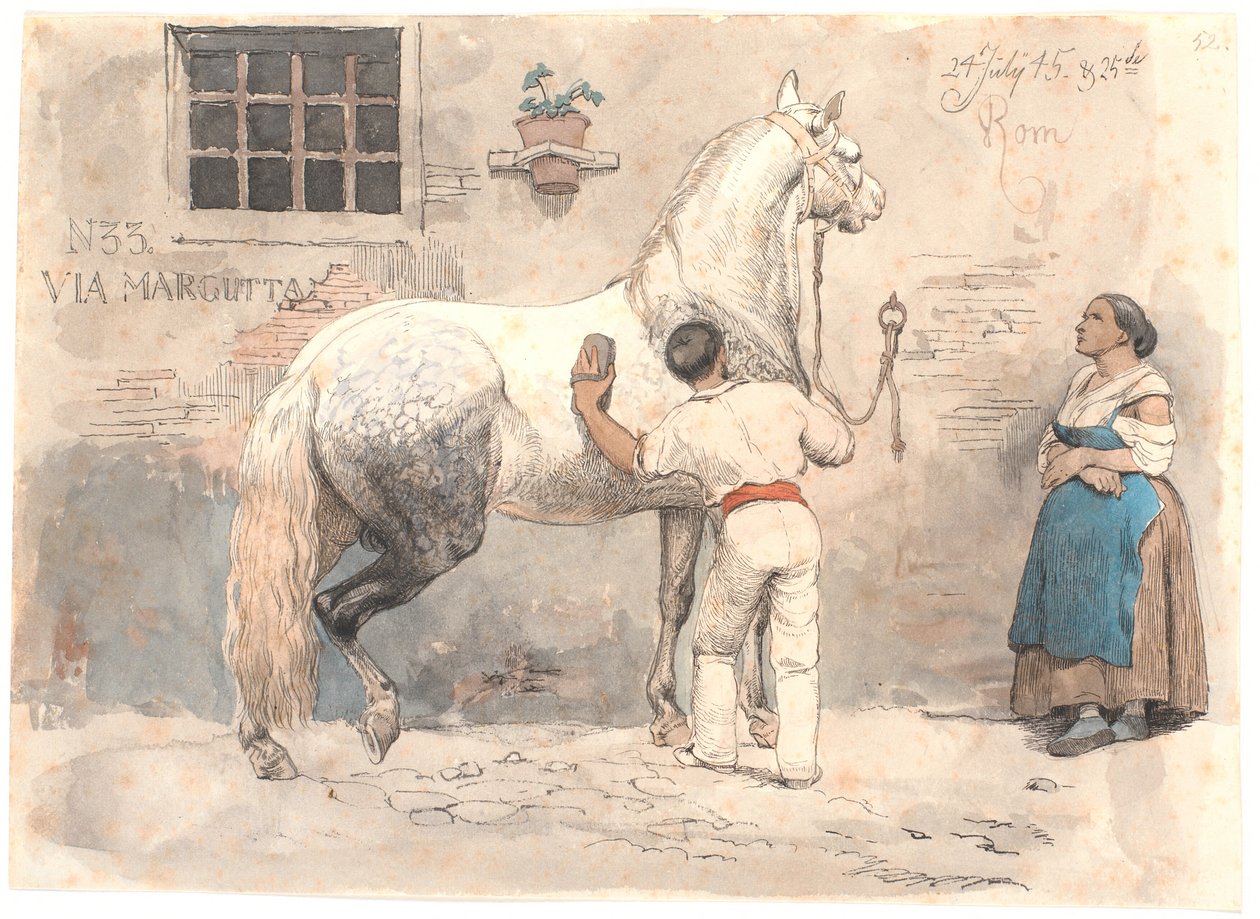 En gråskimlet hest strigles i Via Margutta av Johan Thomas Lundbye