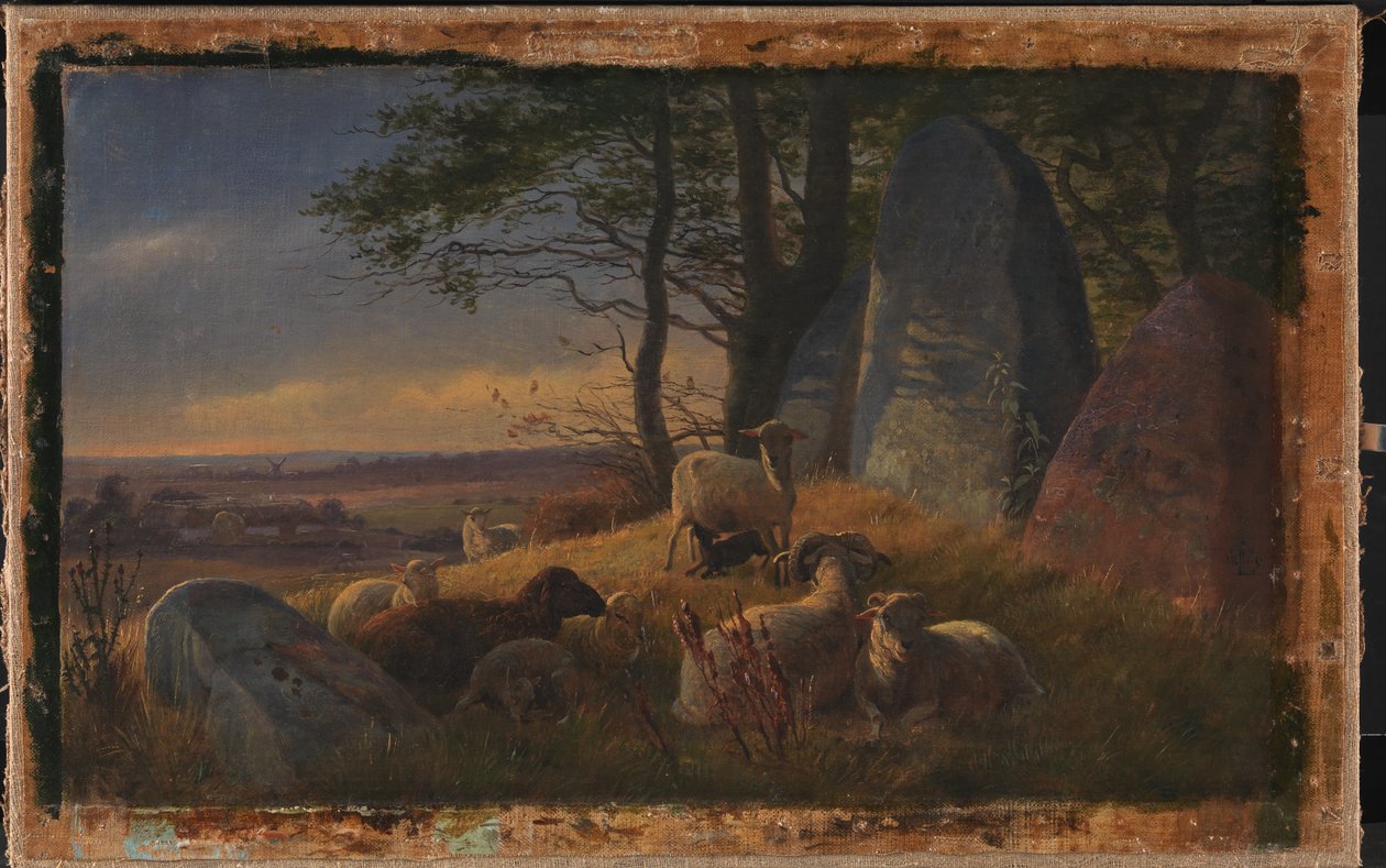 Kveldsscene med sauer på en haug av Johan Thomas Lundbye