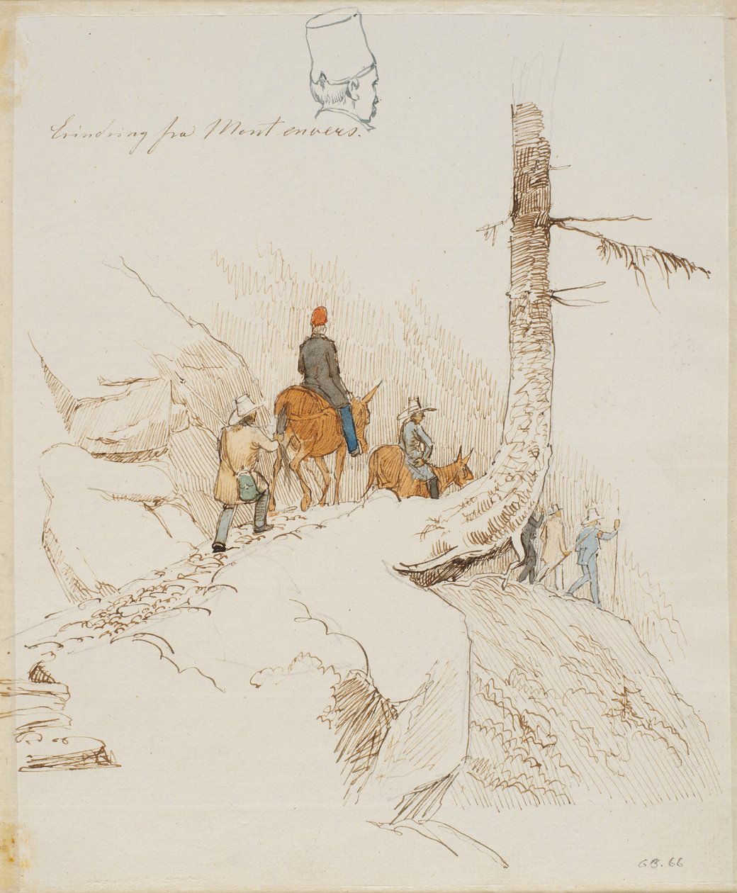 Gående og ridende reisende på en fjellsti over et lite mannshode sett bakfra av Johan Thomas Lundbye