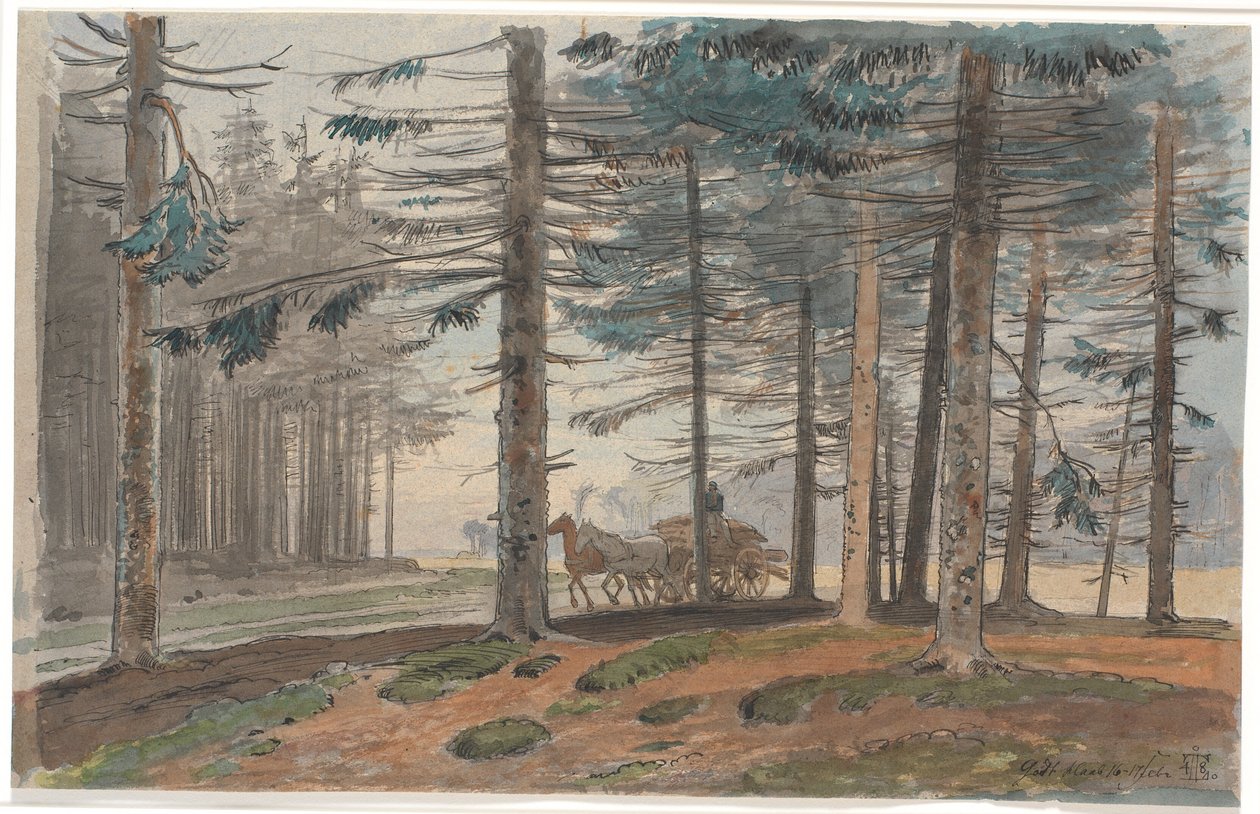 Granskog med vei som det kjører en hestevogn med et lass ved. I bakgrunnen en lysning i skogen av Johan Thomas Lundbye