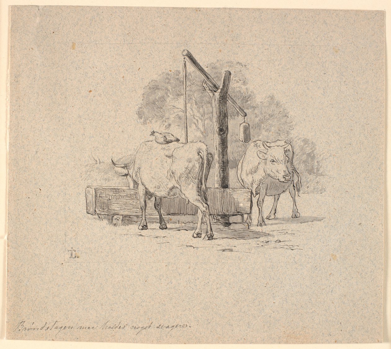 Høna og kua. Illustrasjon til Kaalunds "Fabler for barn". Se kommentar fra arkkatalog. av Johan Thomas Lundbye