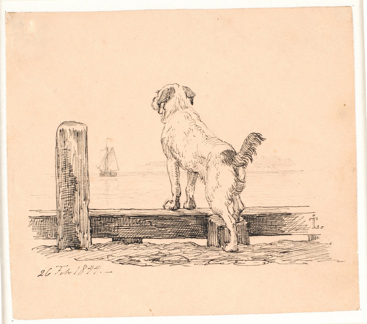 Hunden på stranden. Illustrasjon til Kaalunds "Fabler for barn". Se kommentar fra arkkatalog. av Johan Thomas Lundbye