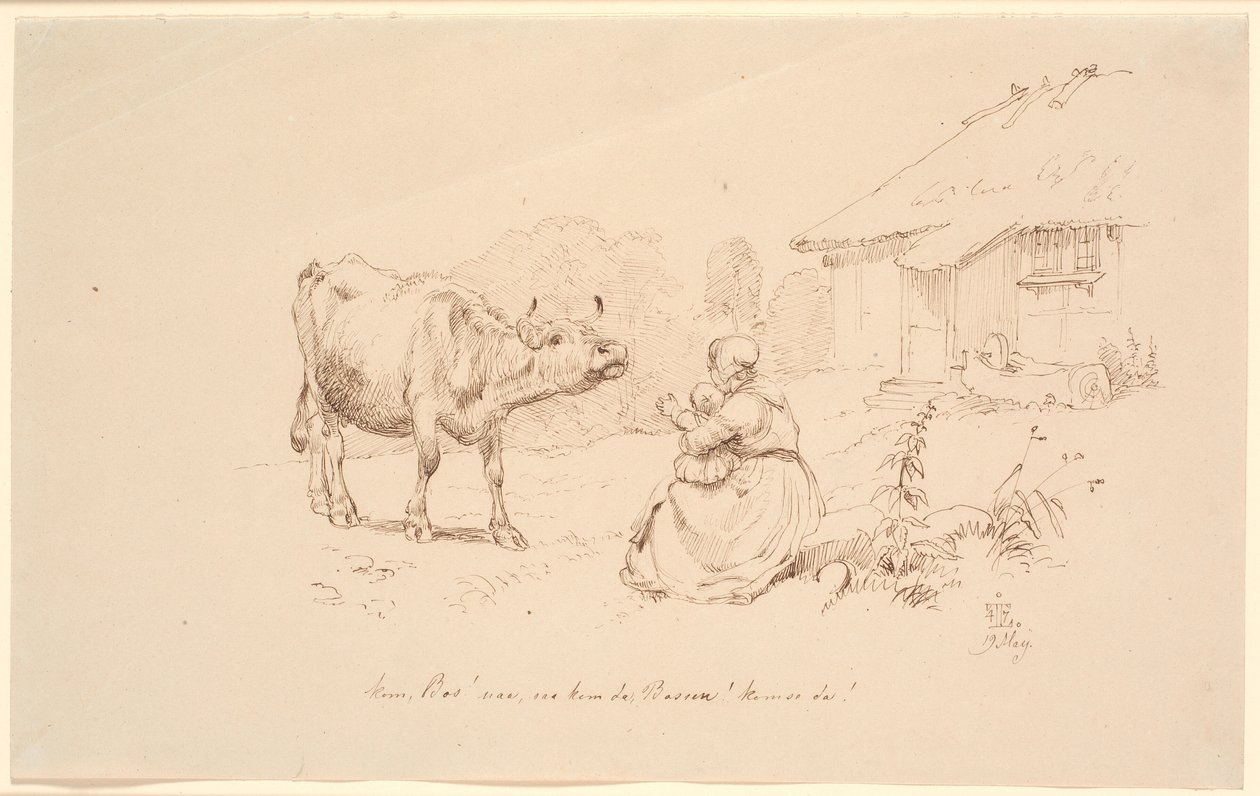 Kom Bos!. Utenfor en bolig sitter en kvinne med et barn og strekker seg mot en ku av Johan Thomas Lundbye