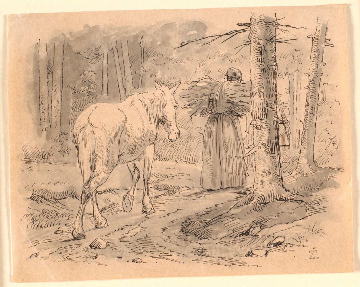 Kona og hesten. Illustrasjon til Kaalunds "Fabler for barn". Se kommentar fra arkkatalog. av Johan Thomas Lundbye