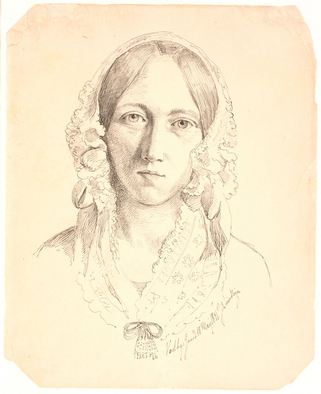 Portrett av en ung kvinne, ett ansikt. Representerer muligens Louise Marie Neergaard (1816-1895) av Johan Thomas Lundbye