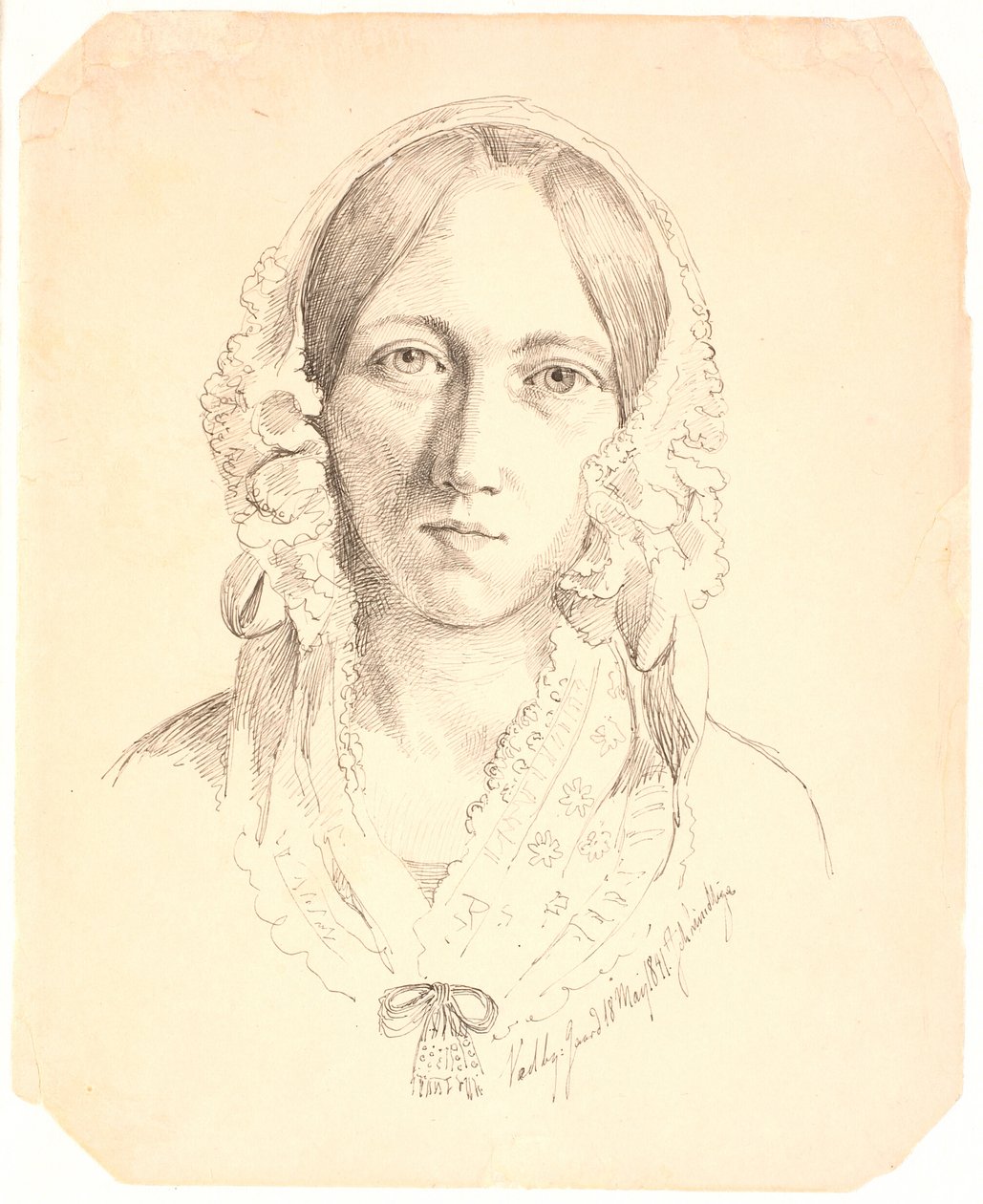 Portrett av en ung kvinne, ett ansikt. Representerer muligens Louise Marie Neergaard (1816-1895) av Johan Thomas Lundbye