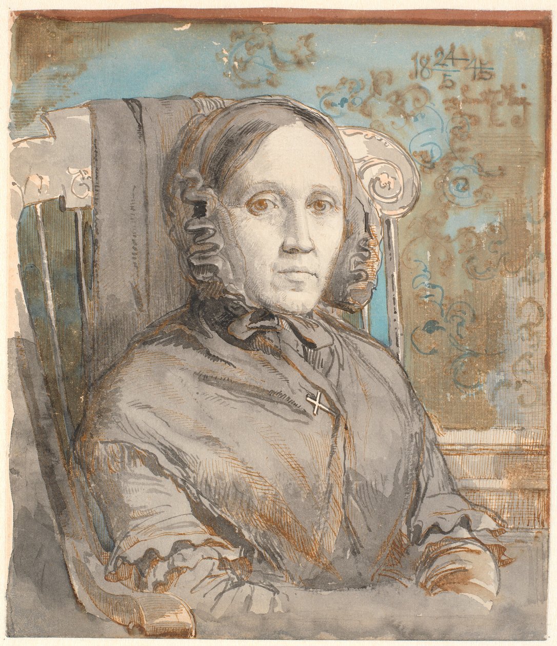 Portrett av kunstnerens mor, oberst Cathrine Lundbye (née Bonnevie); halvfigur sittende i stolen til høyre. av Johan Thomas Lundbye