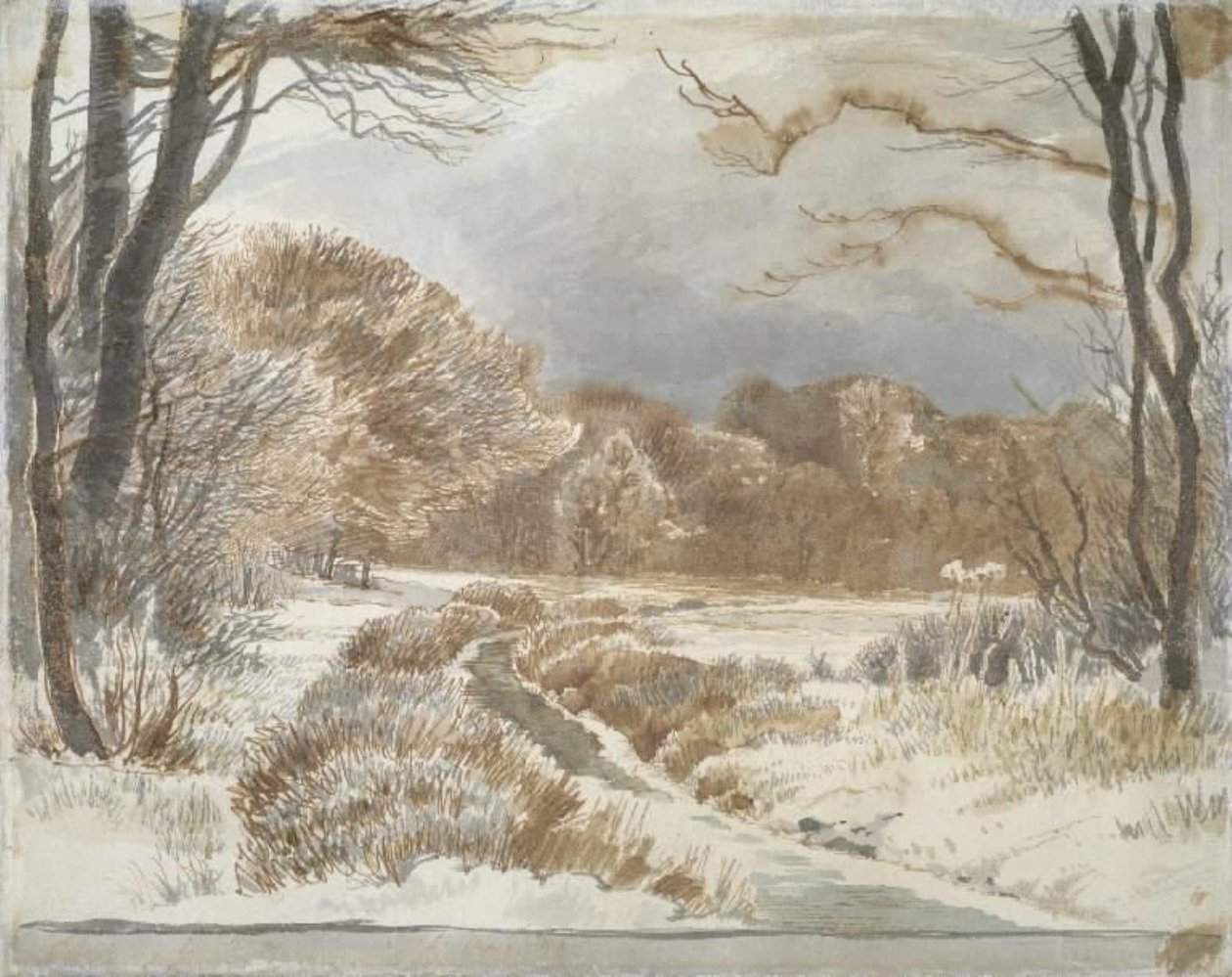 Snølandskap med bekk. Purlund og Vallø av Johan Thomas Lundbye