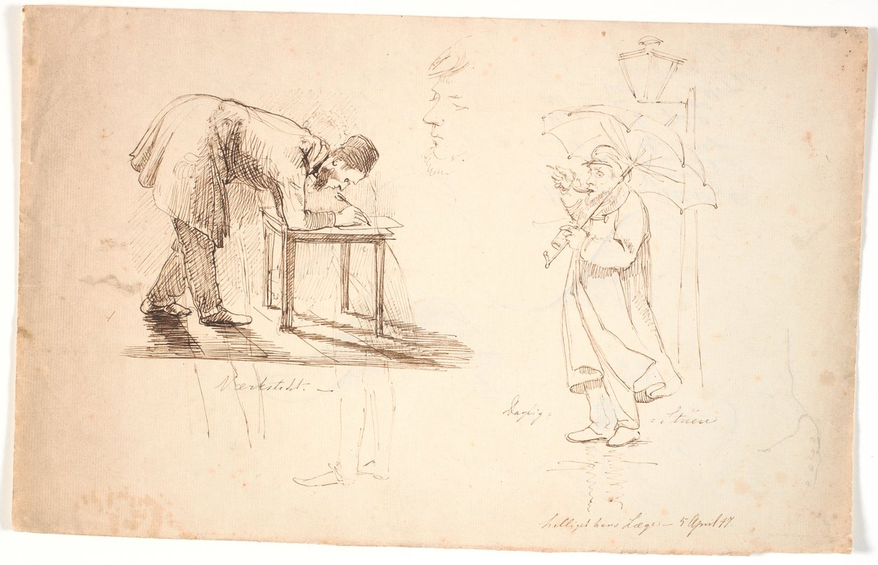 Studieblad, t.v. kunstneren selv blir sett, bøyd, og tegner på en krakk eller et lite bord. Tegnet over to studier av en offiser og en herre i kjole. I sentrum, studieleder, selvportrett. T.h. kunstneren står med en paraply på gaten ved en lampe og t av Johan Thomas Lundbye