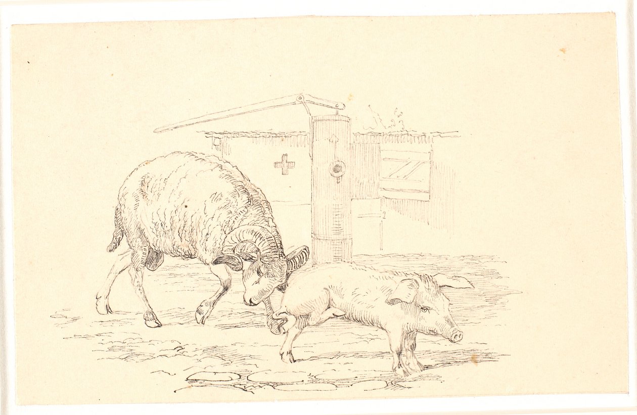 Væren og grisen. Illustrasjon til Kaalunds "Fabler for barn". Se kommentar fra arkkatalog. av Johan Thomas Lundbye