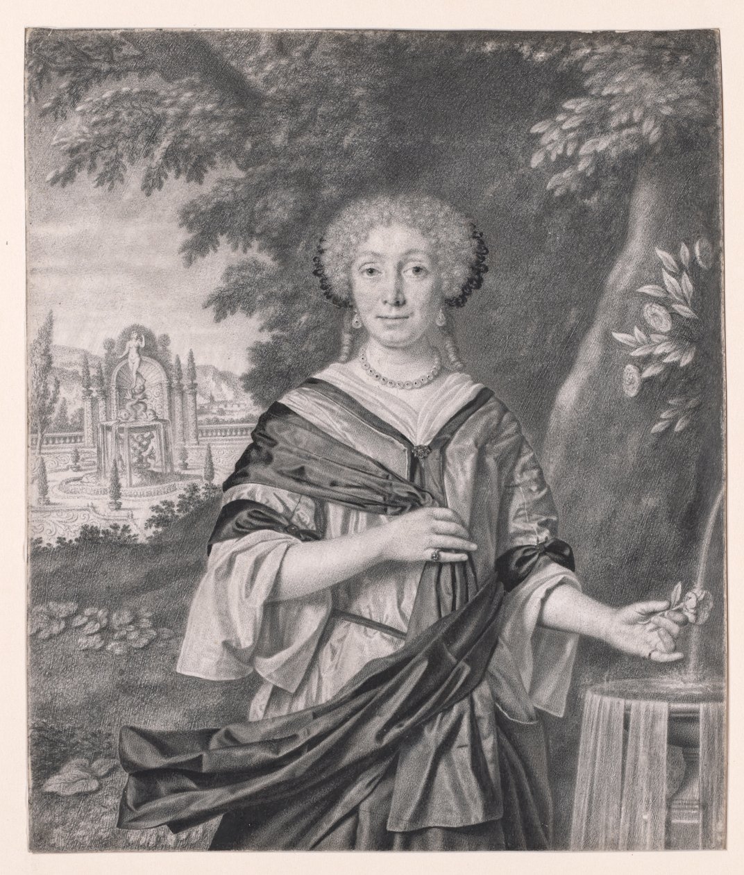 Portrett av en kvinne nær en fontene, en rose i hånden hennes av Johan Thopas