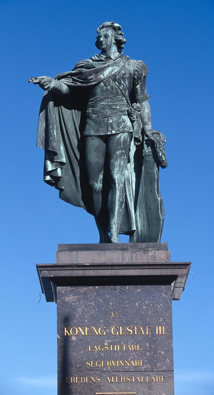Statue av kong Gustav III skulpturert i 1799 til minne om kongen som ble myrdet i 1792, Gamla Stan (Gamlebyen), Stockholm, Sverige (bilde) av Johan Tobias Sergel