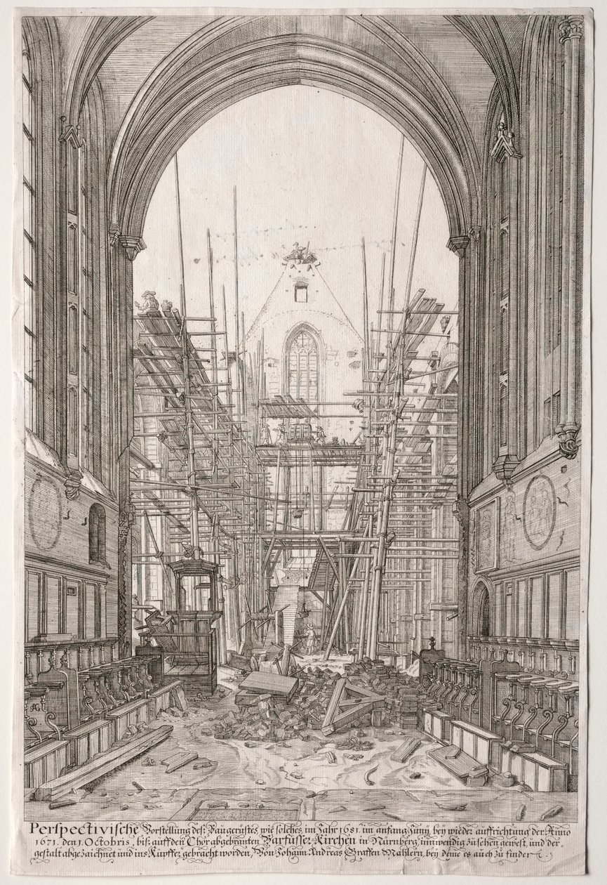 LArt Ancien Zurich: Utsikt i fransiskanernes kirke, Barfüsser-Kirke, 1681. av Johan Ulrich Krauss