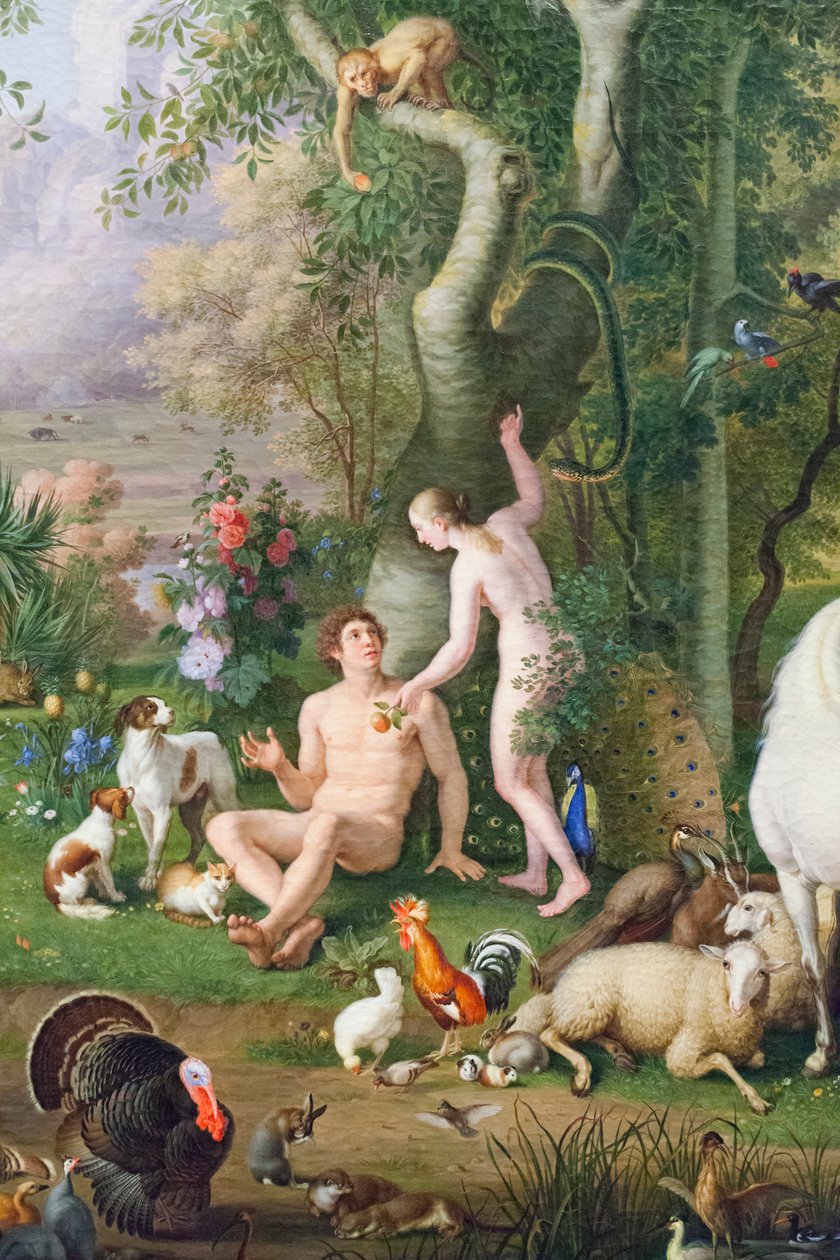 Adam og Eva i Edens hage (olje på lerret) (detalj av 3362284) av Johan Wenzel Peter
