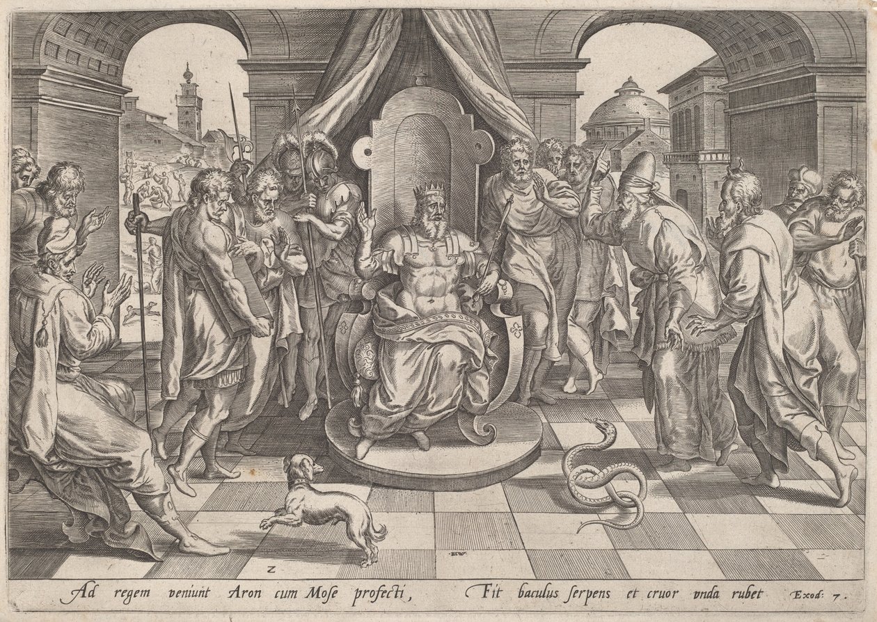Moses og Aron foran farao av Johan Wierix, after Maarten van Cleef