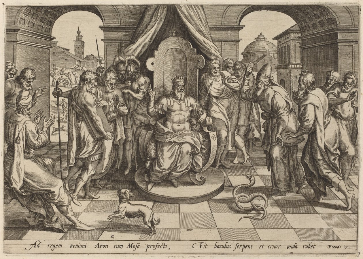 Moses og Aron foran faraaen av Johan Wierix, after Maarten van Cleef