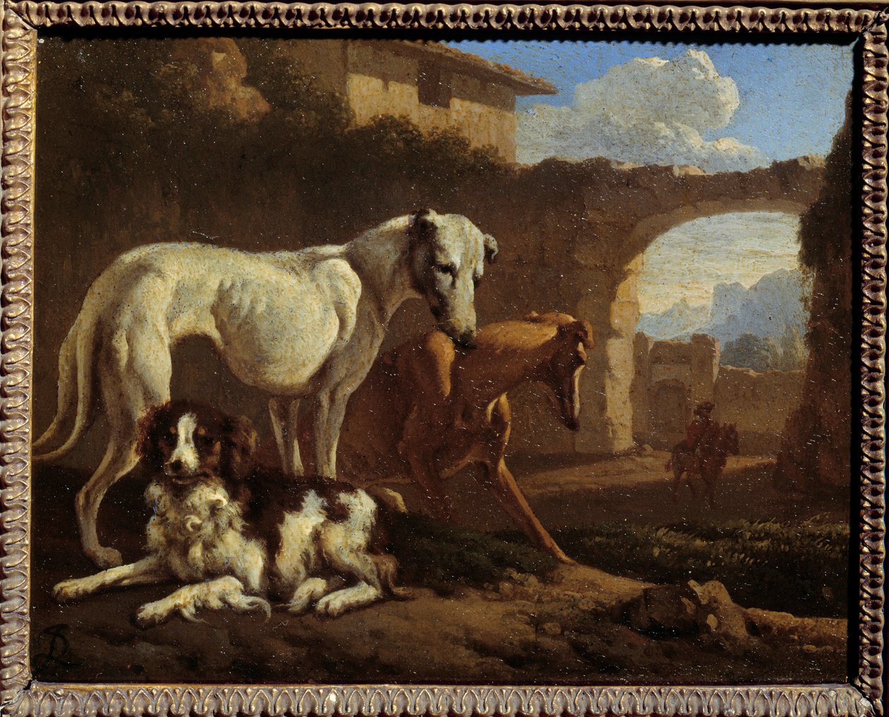 Spagneul og gjær. Maleri av Jan Le Ducq (1627-1676) Ec. Hol. av Johan le Ducq