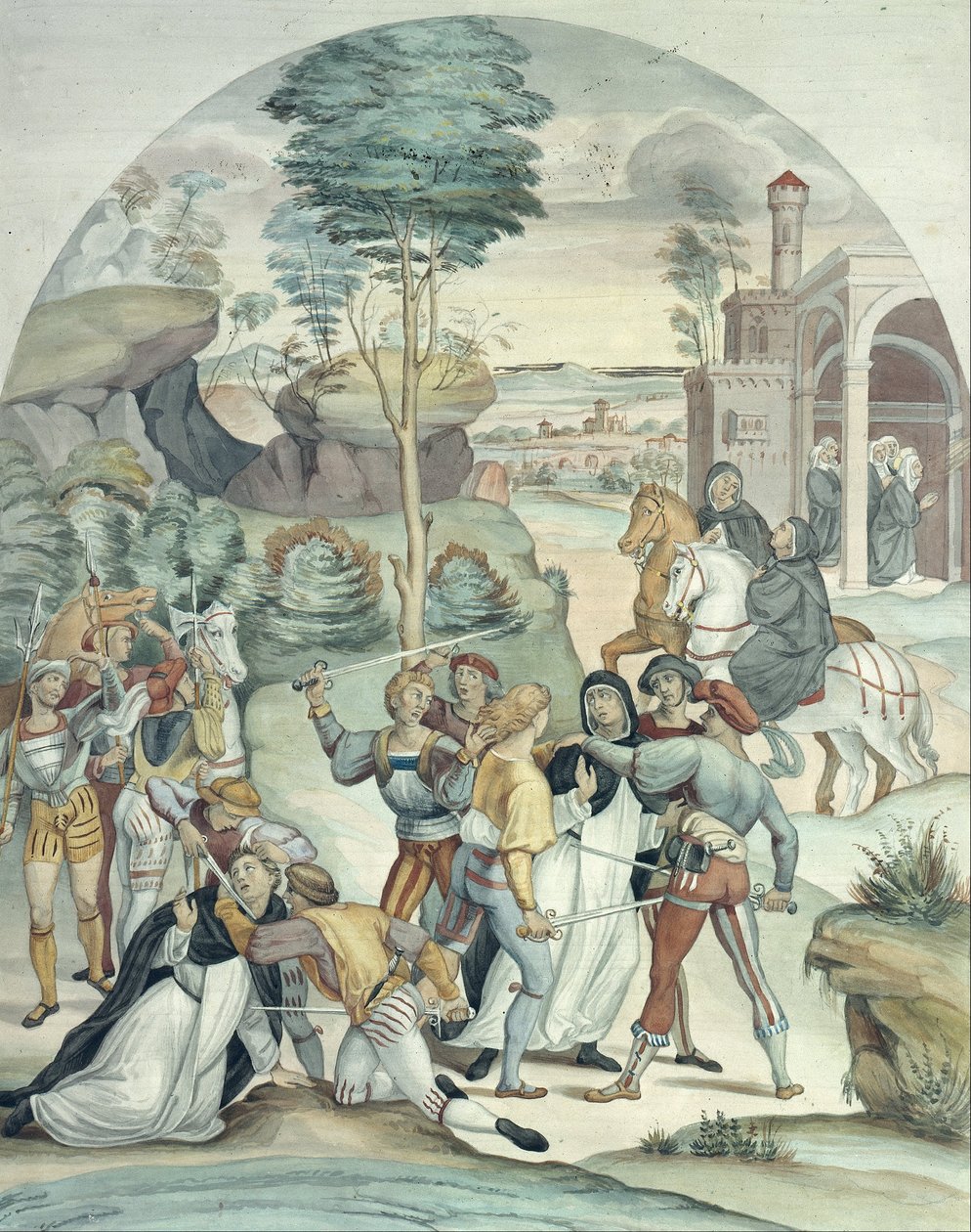 Den hellige Katarina av Siena redder to dominikanere fra Hands of Robbers av Johann Anton Ramboux