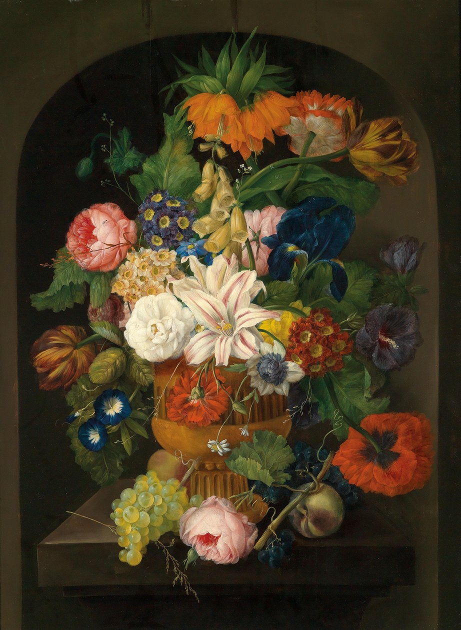 Stilleben med blomster med druer av Johann Baptist Drechsler