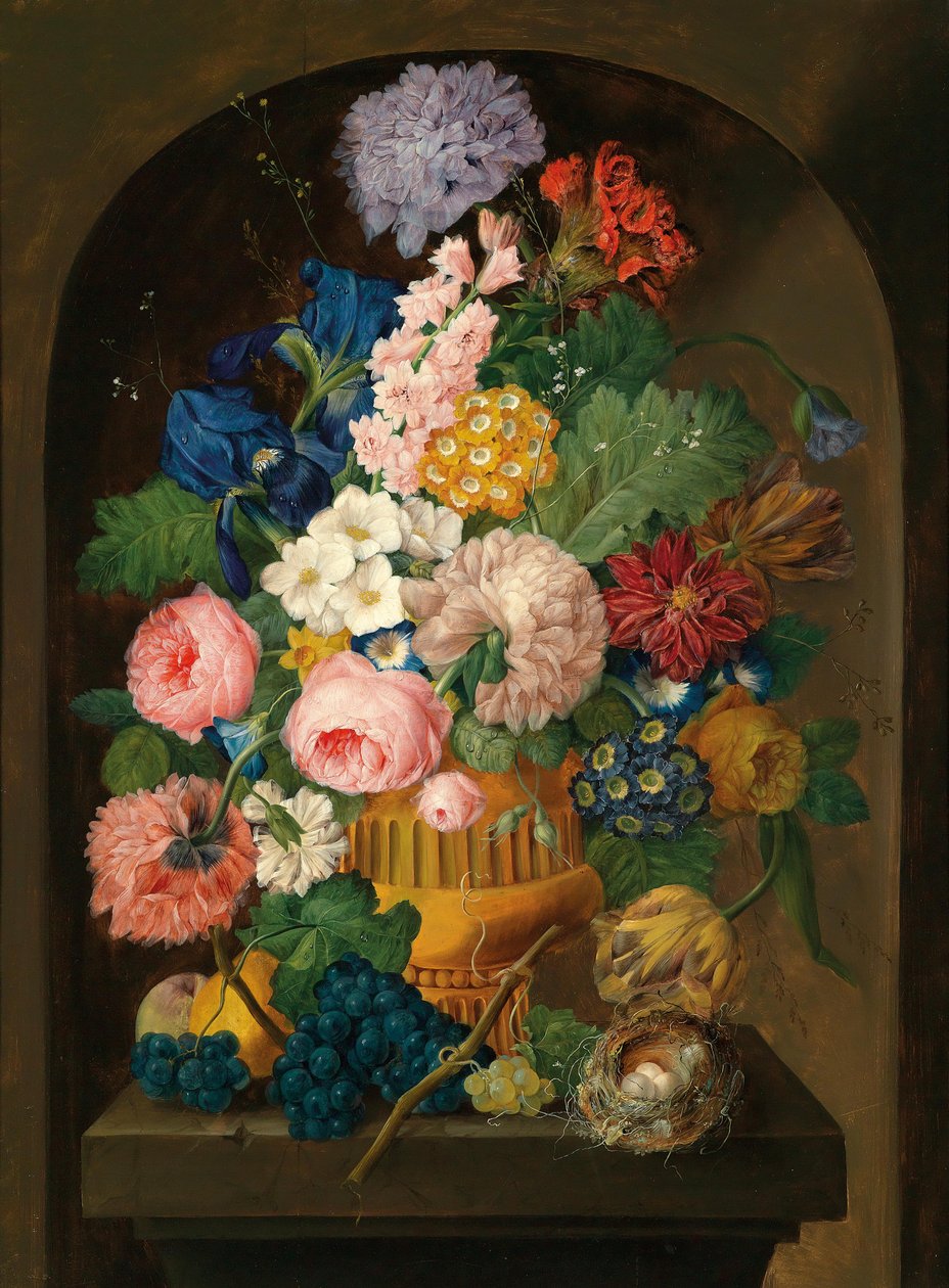 Stilleben med blomster med et fuglerede av Johann Baptist Drechsler