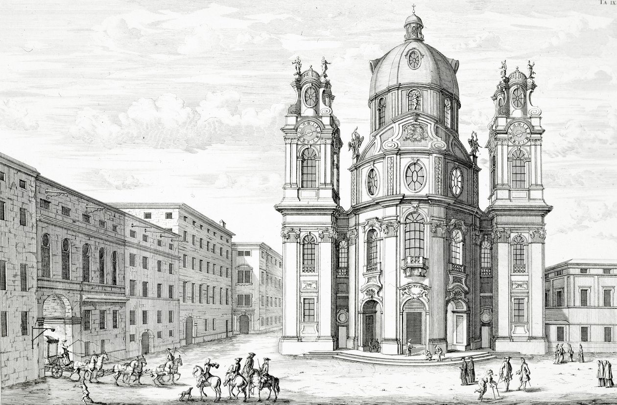 Notre Dame-kirken, Salzburg, Østerrike, fra 'Design av en historisk arkitektur', gravert av Johann Adam Delsenbach (1687-1765) 1721 av Johann Bernhard Fischer von Erlach