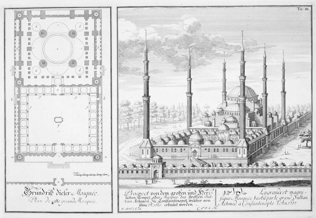 Plan og utsikt over den blå moskeen (1609-16), bygget av Sultan Ahmed I (1603-17), Istanbul, fra 