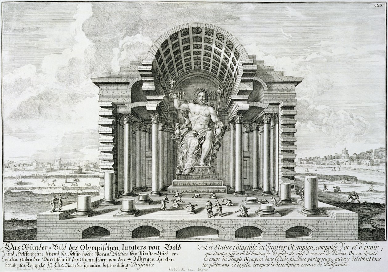 Statue av den olympiske Zevs, laget av Phidias i gull og elfenben, tegnet etter Pausanias (143-176 e.Kr.) sin eksakte beskrivelse, fra 'Blueprint of a historical architecture', 1721 av Johann Bernhard Fischer von Erlach