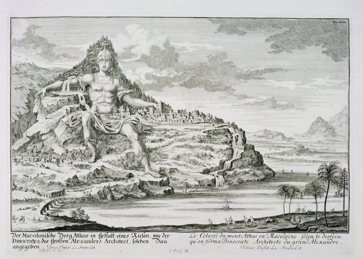 The Colossus of Mount Athos, Makedonia, et design av Dinocrates, arkitekten til Alexander den store, plate 18 fra 