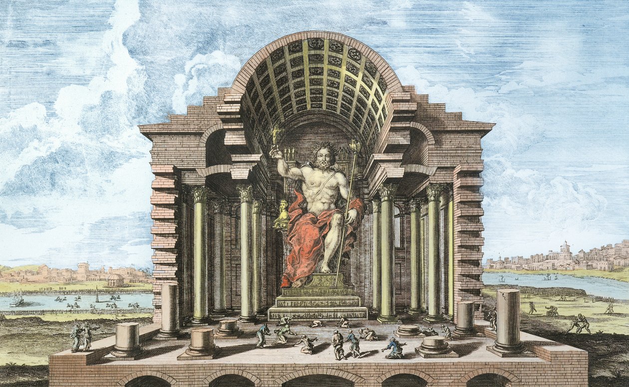 Statuen av Olympian Zeus av Phidias, plate 5 fra 'Design of a historisk arkitektur', gravert av Johann Adam Delsenbach (1687-1765) 1721 (senere farge) av Johann Bernhard Fischer von Erlach
