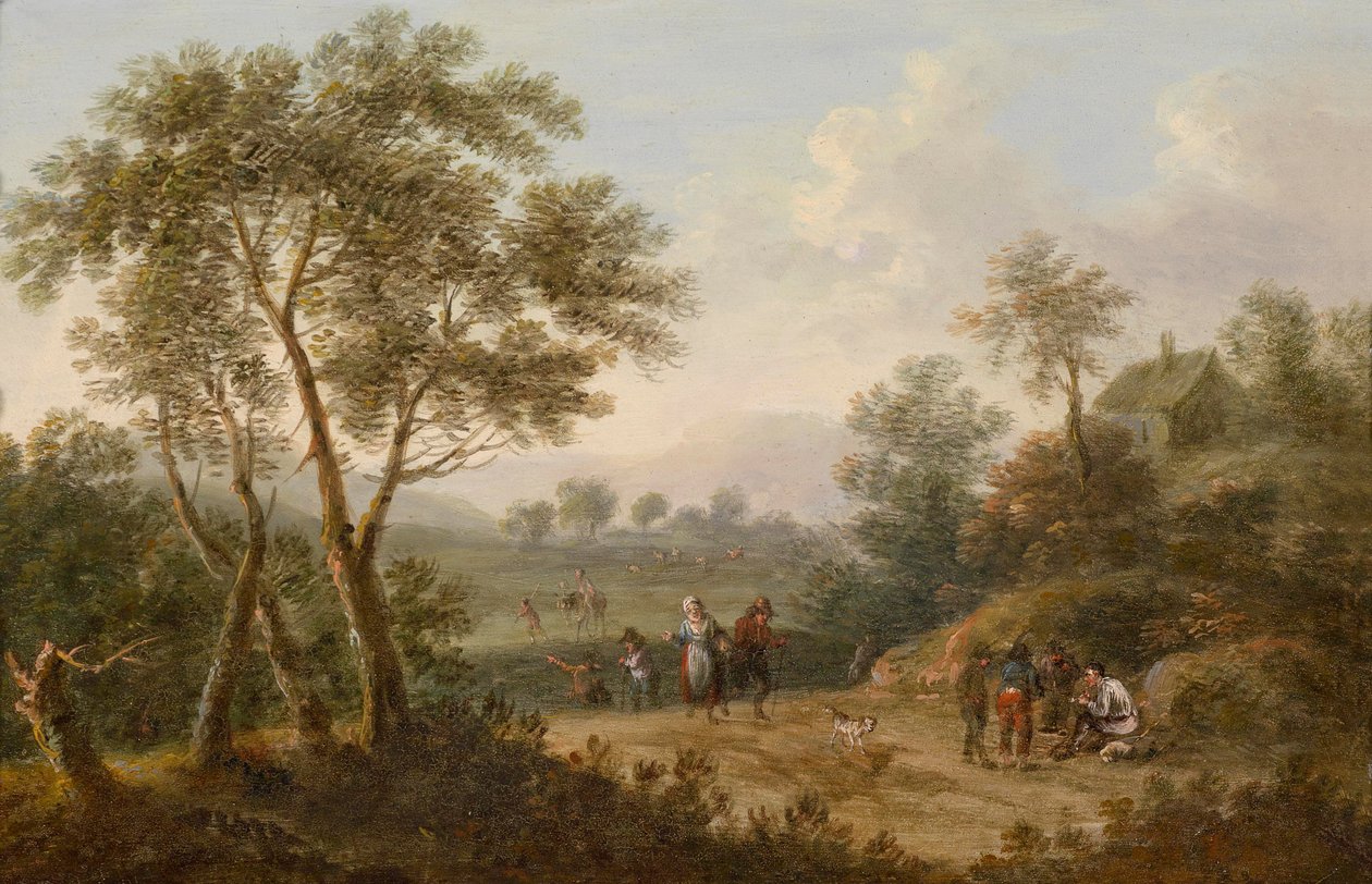 Tredekket landskap med reisende av Johann Christian Brand