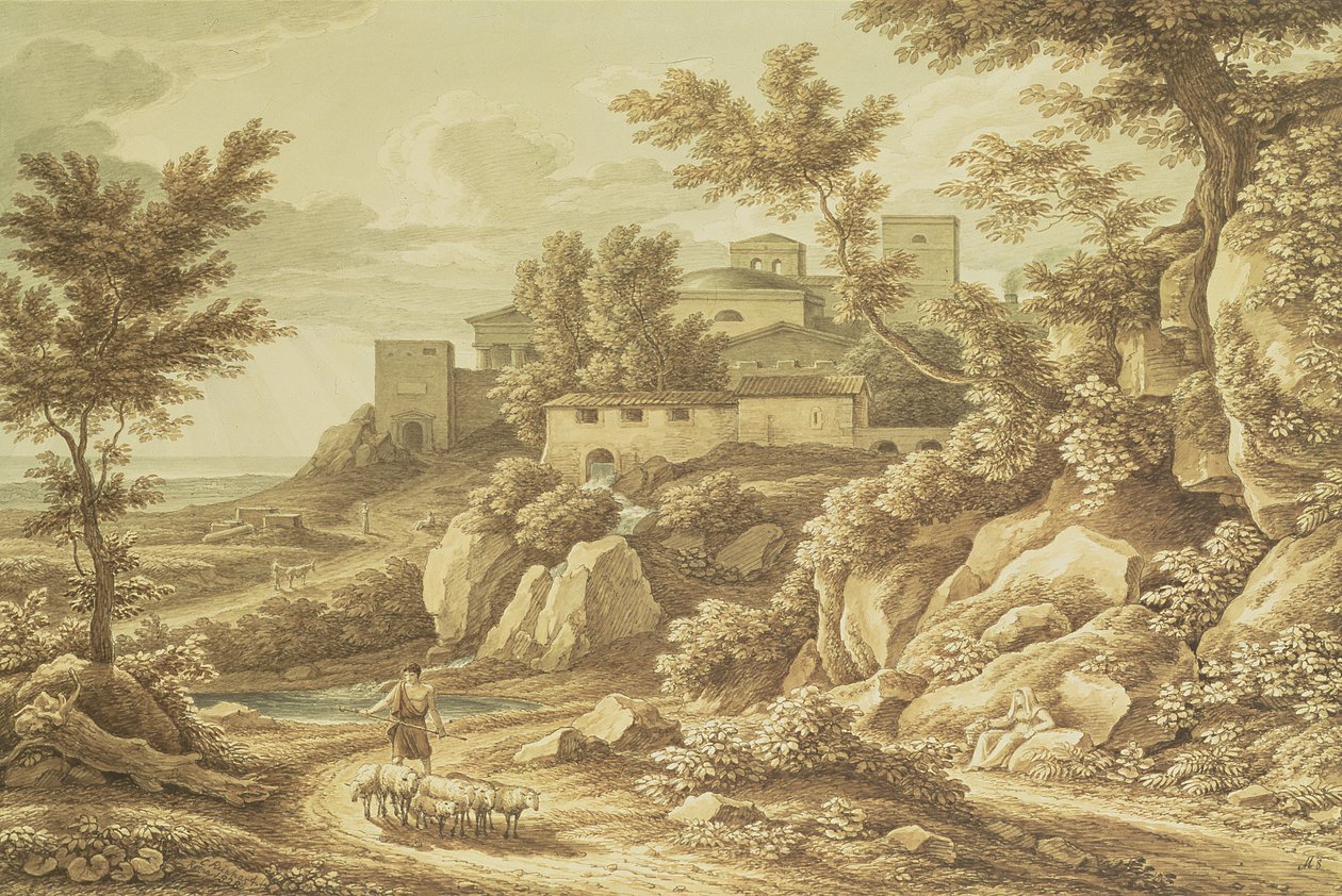 Klassisk landskap med hyrde, 1828 (penn og blekk, vask, blyant og wc) av Johann Christian Reinhart