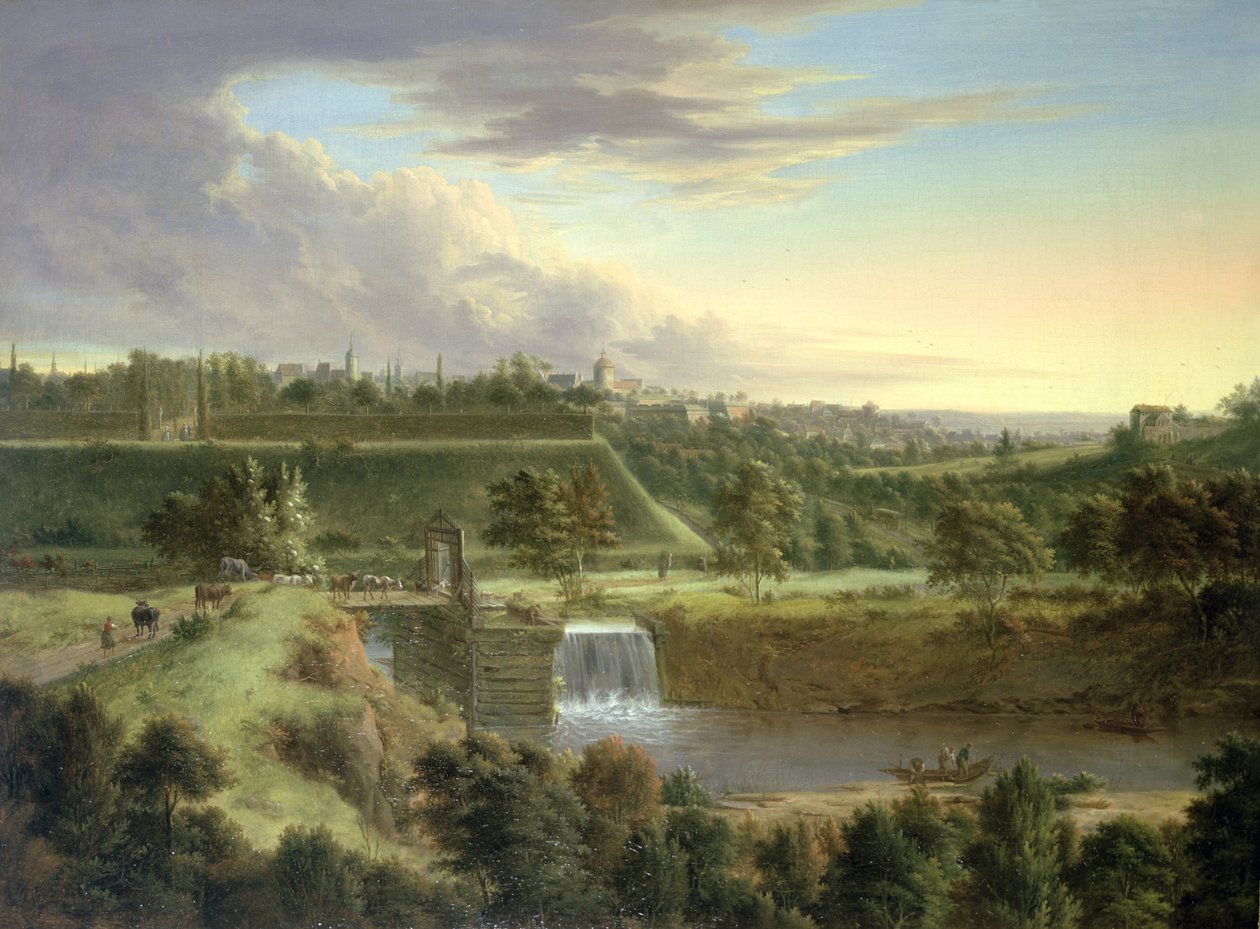 Elvelandskap ved en bymur, sannsynligvis Sahausen av Johann Christian Vollerdt or Vollaert