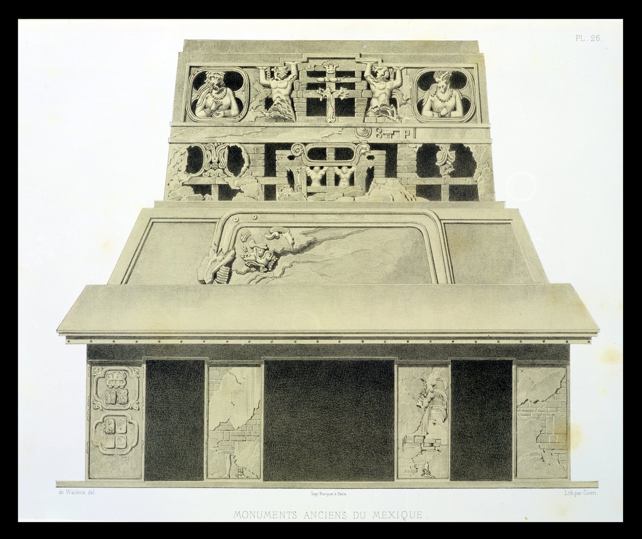 Fasade av Solens tempel, Palenque, plate 26 fra 