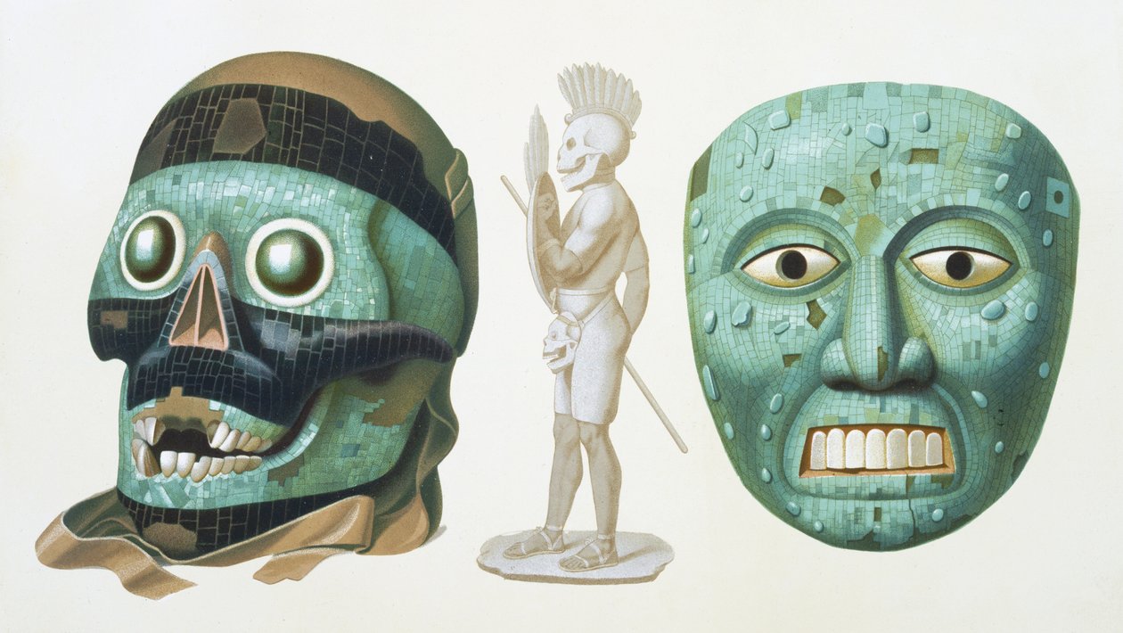 Til venstre: skallemaske til guden Tezcatlipoca og høyre: maske som representerer guden Quetzalcoatl eller Tonatiuh, ca. 1500, plate 43 fra 