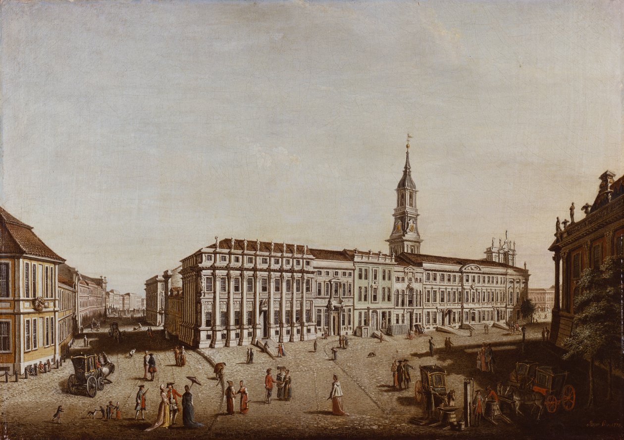 Utsikt over Castle Street og Fiaker Square, Potsdam, 1773 av Johann Friedrich Meyer