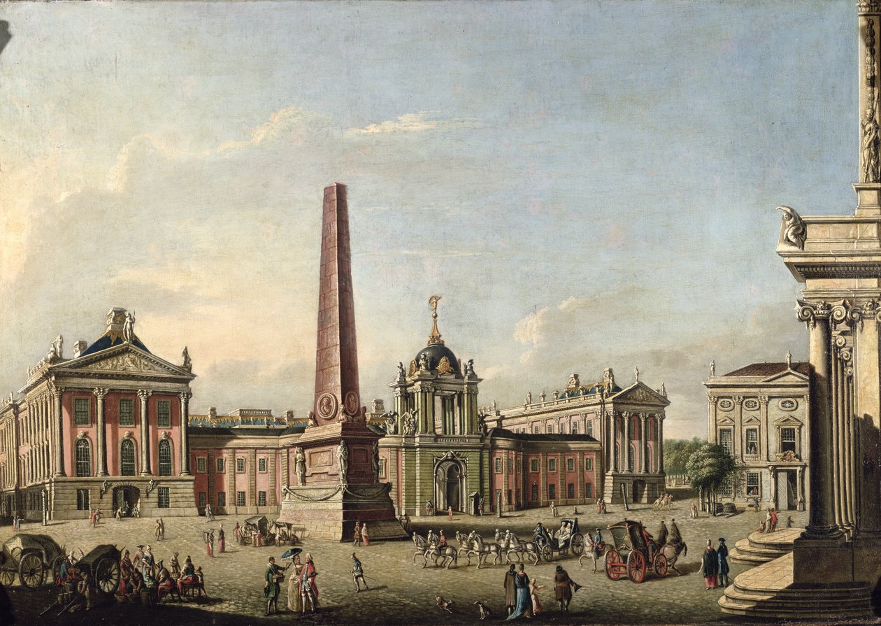 Utsikt over det gamle markedet og frontporten til Schloss Sanssouci, 1773 av Johann Friedrich Meyer