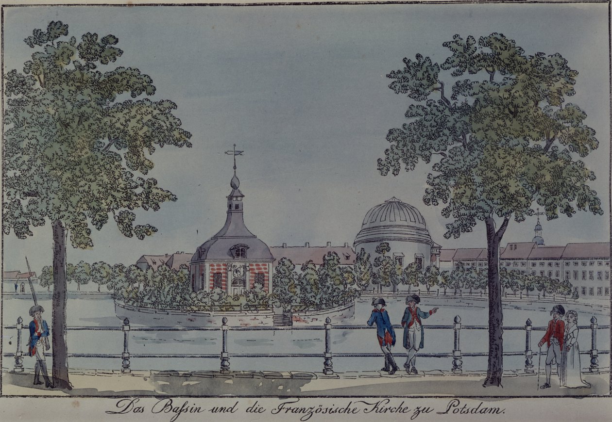 Bassenget og den franske kirken i Potsdam, ca. 1796 (penn og blekk og wc på papir) av Johann Friedrich Nagel