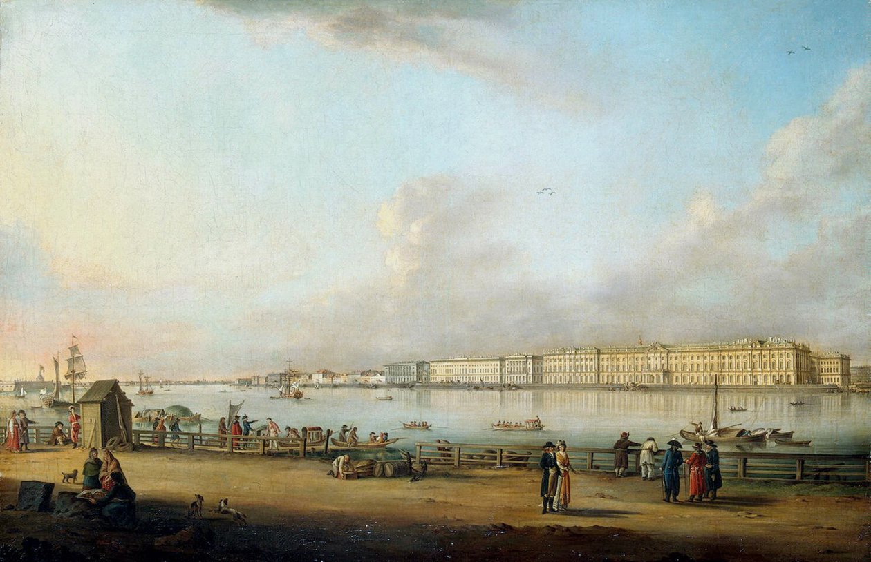 Utsikt over vinterpalasset fra Vasilyevsky Island, 1796 av Johann Georg Mayr