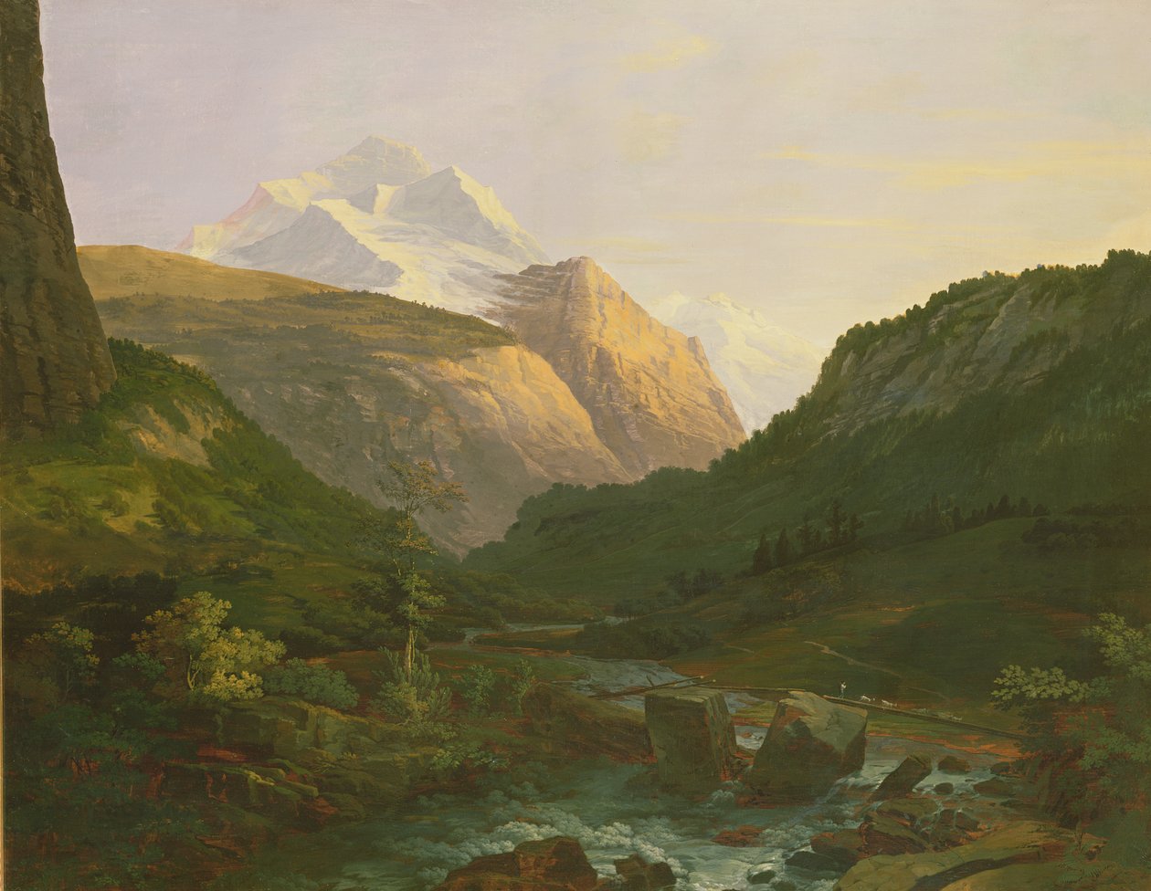 Jungfrau og Eiger (olje og gouache på papir lagt på lerret) av Johann Georg Volmar