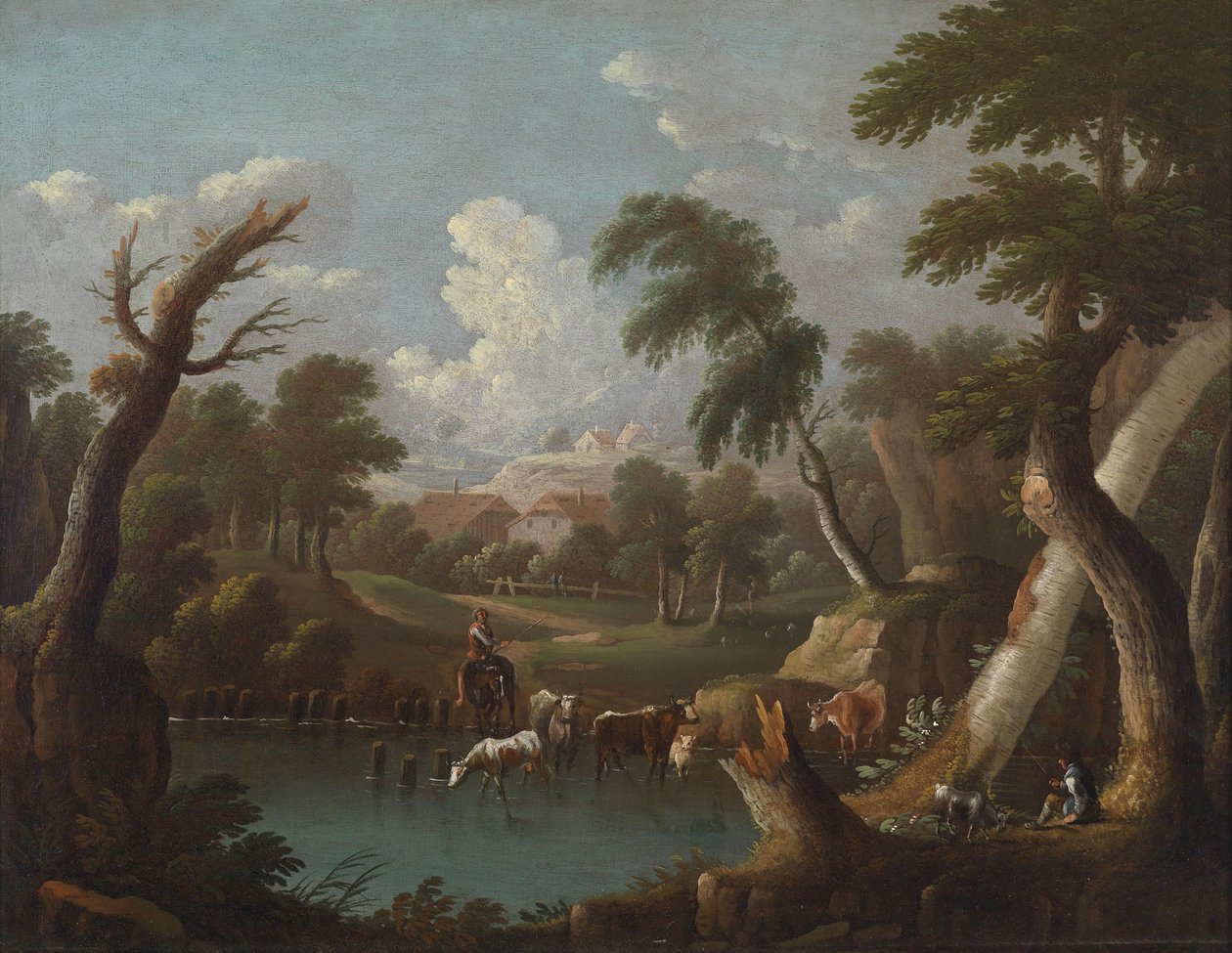 Fjellaktig landskap med drikkekveg ved en dam av Johann Georg von Bemmel