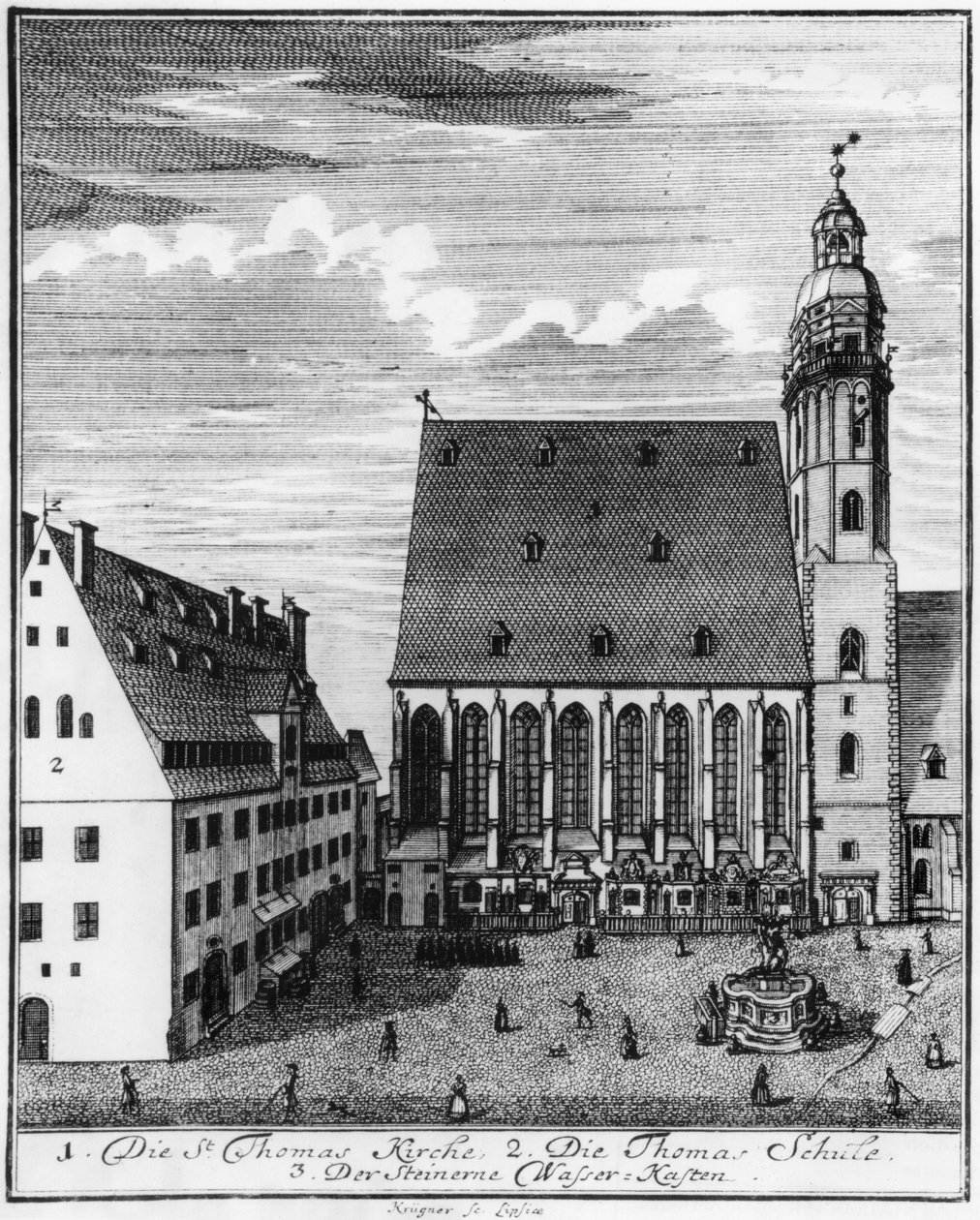 St. Thomas kirke og skole i Leipzig, 1723 av Johann Gottfried Krugner