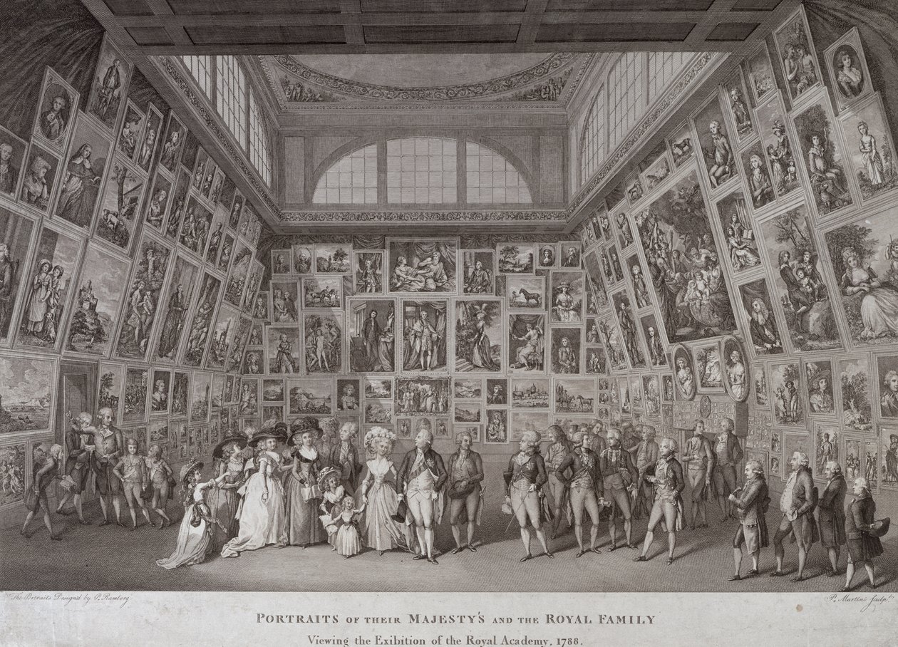 Innvendig visning av Somerset House som viser kong George III (1738–1820), dronning Charlotte (1744–1818) og kongefamilien som ser på en utstilling av Royal Academy of Arts i 1788, 1788 av Johann Heinrich Ramberg