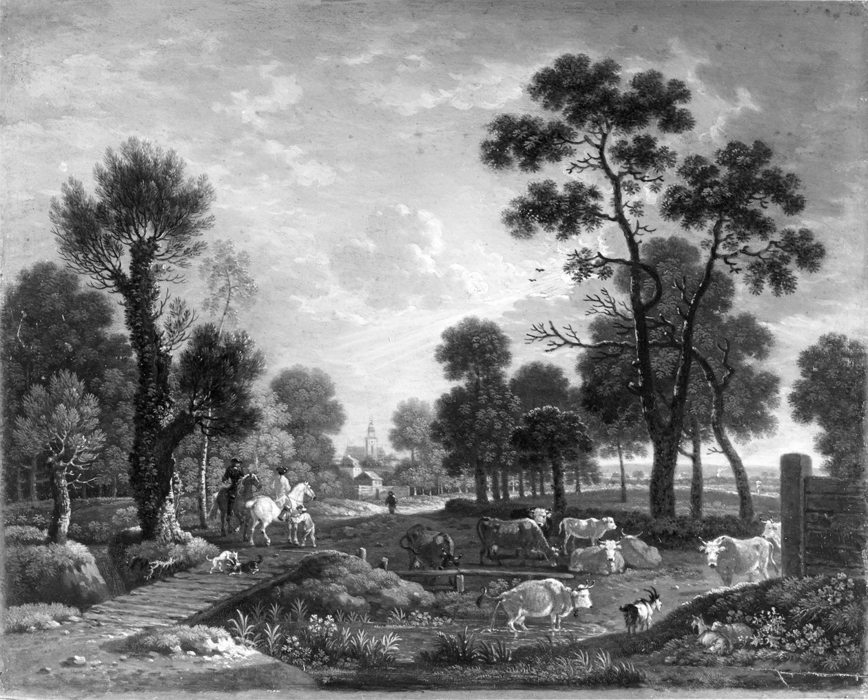Landskap med ryttere og storfe av Johann Heinrich Roos